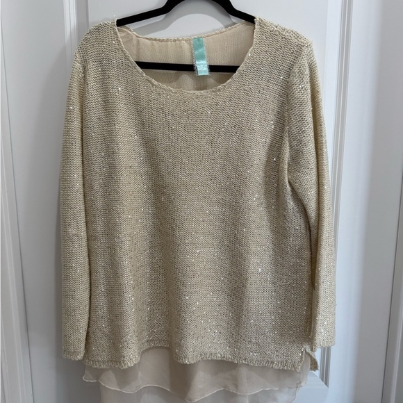 Sweaters - Cream Sequin Sweater with Layered Hem